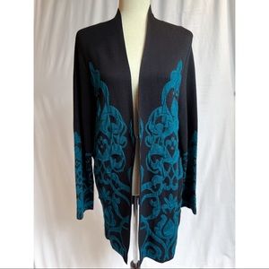 [SOLD] CHICOS Black Long-Sleeve Cardigan with Blue Design